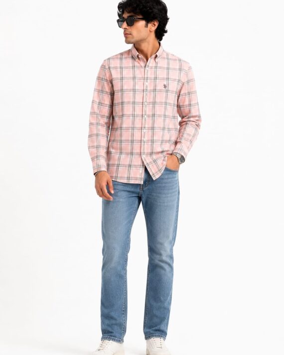 Men’s Blush Pink Plaid Button-Down Casual Shirt