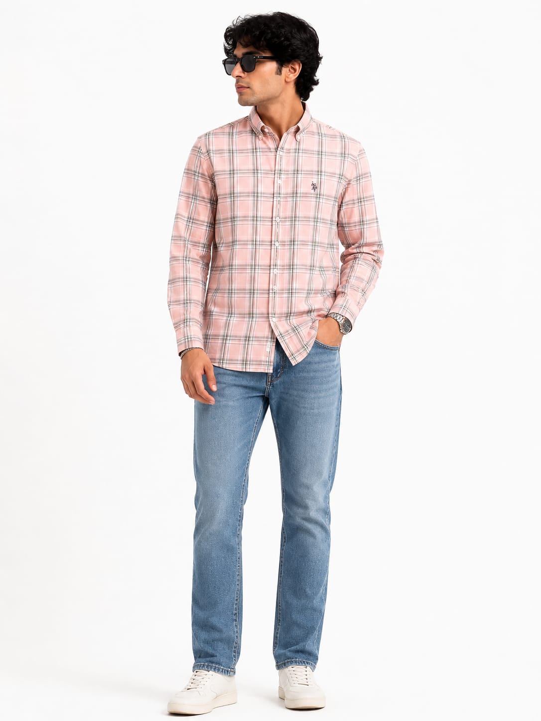 Men’s Blush Pink Plaid Button-Down Casual Shirt