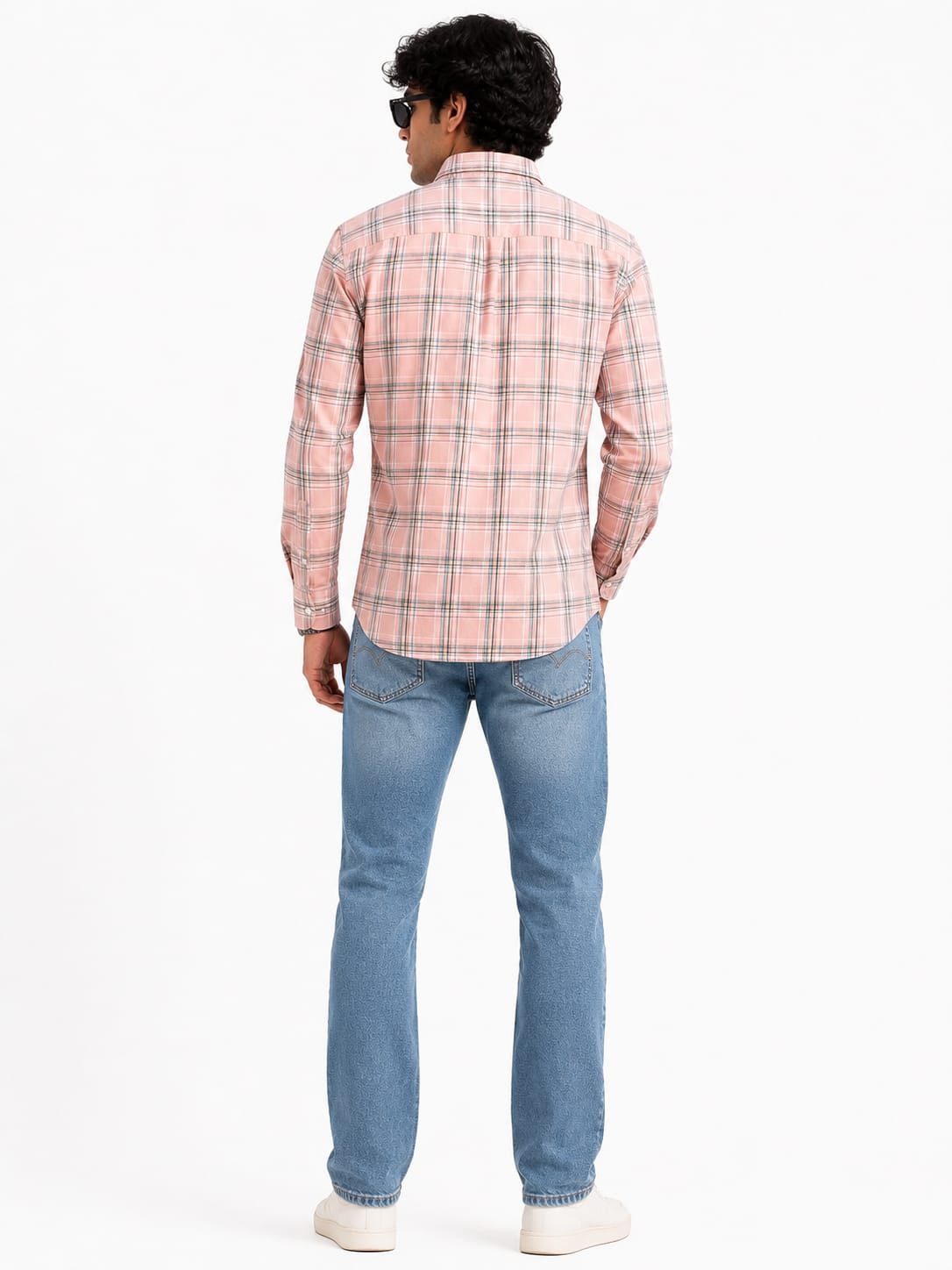 Men’s Blush Pink Plaid Button-Down Casual Shirt - Image 2