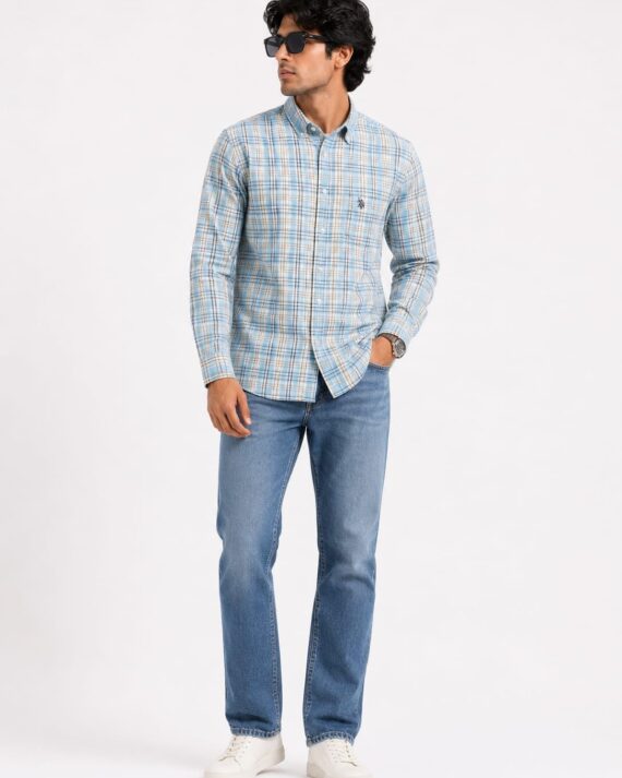 Men’s Sky Blue Plaid Button-Down Casual Shirt