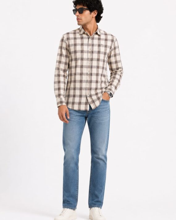 Men’s Beige Plaid Button-Down Casual Shirt