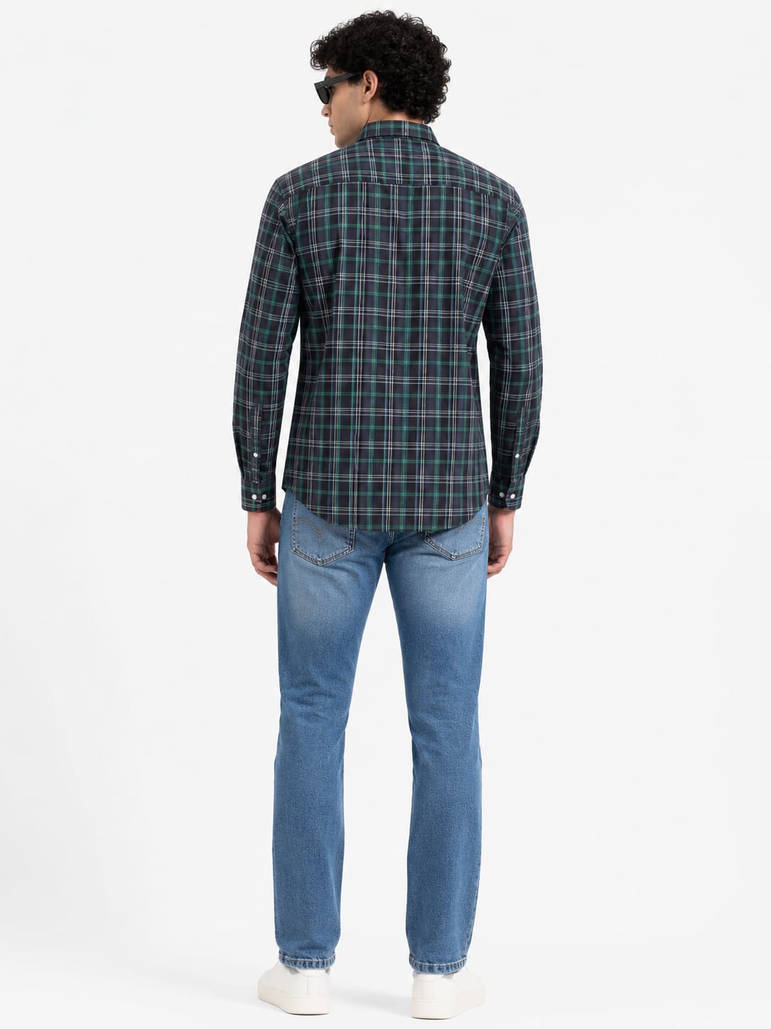 Men’s Navy Green Plaid Button-Down Casual Shirt - Image 2