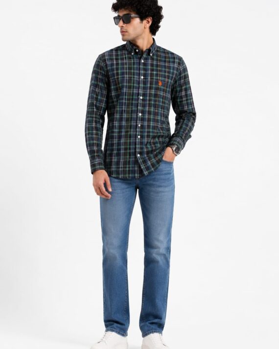 Men’s Navy Green Plaid Button-Down Casual Shirt