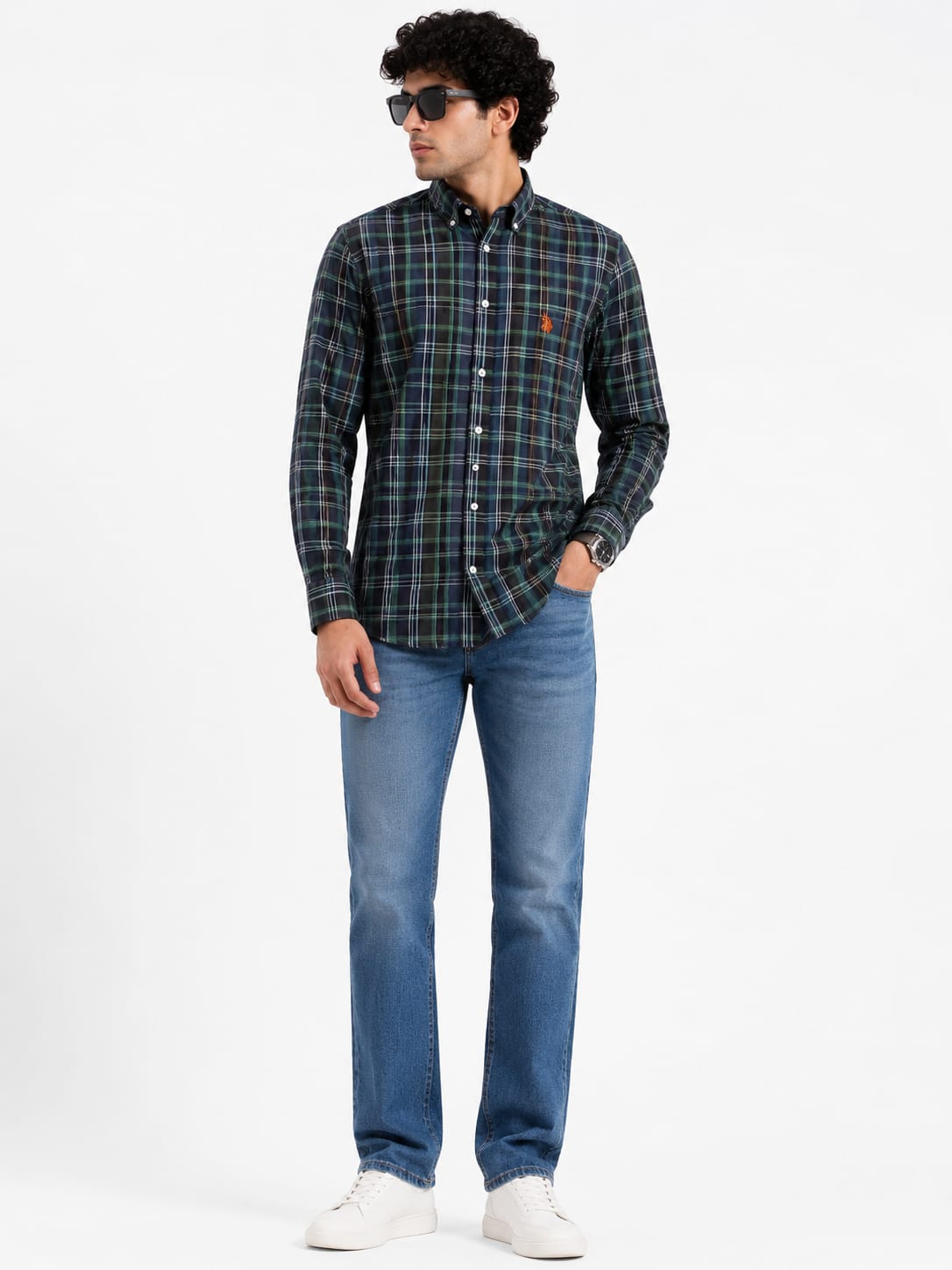 Men’s Navy Green Plaid Button-Down Casual Shirt
