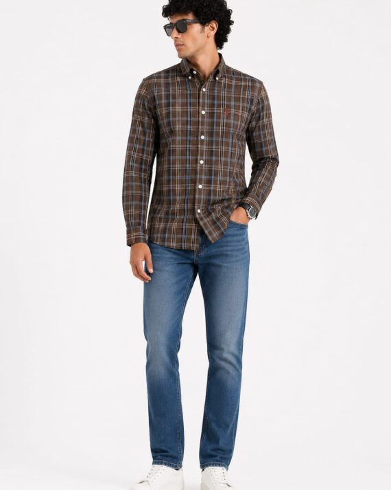 Men’s Brown Plaid Button-Down Casual Shirt