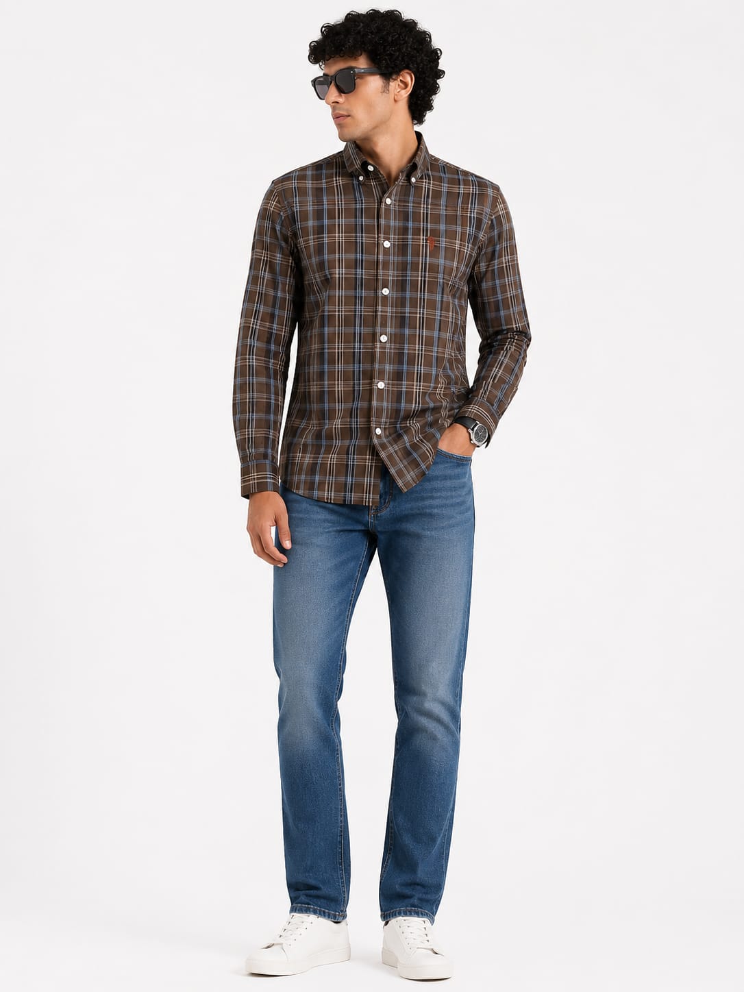 Men’s Brown Plaid Button-Down Casual Shirt