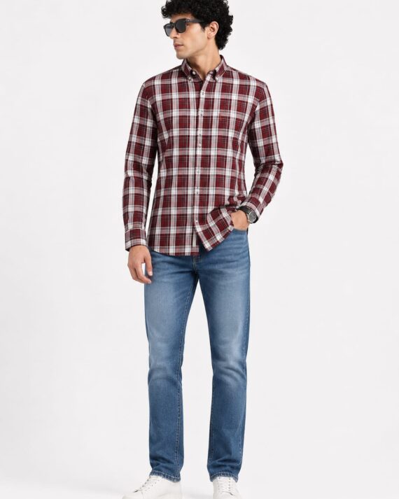 Men’s Burgundy & White Plaid Casual Shirt