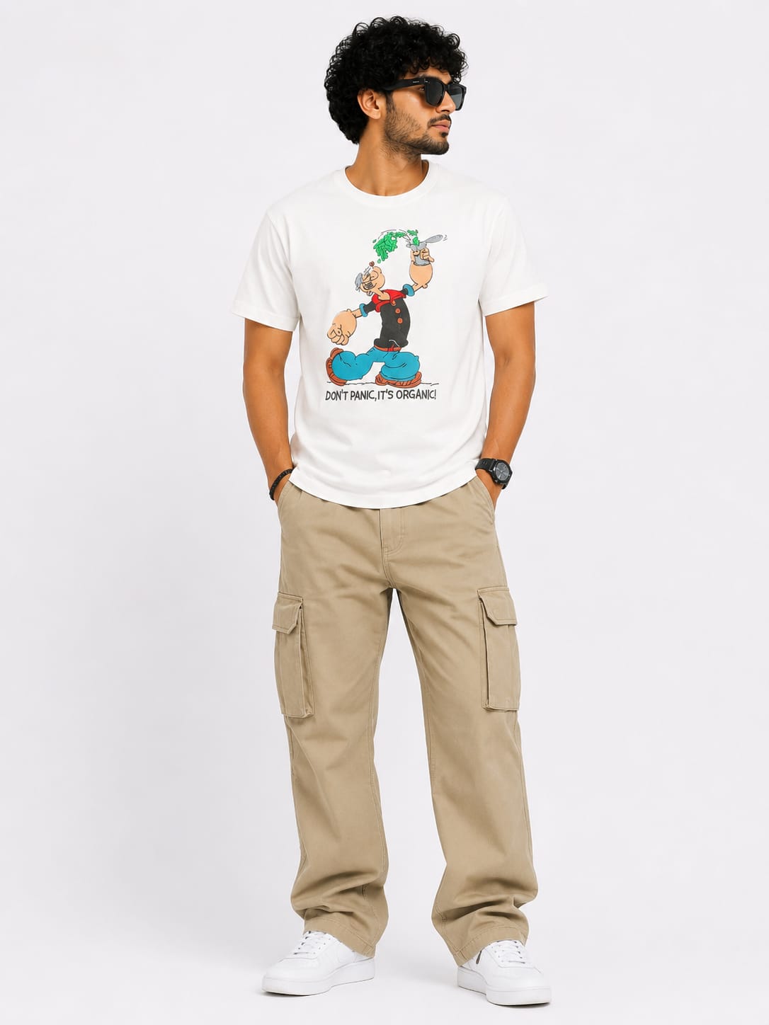 Men’s White Popeye Graphic Printed T-Shirt – "Don’t Panic, It’s Organic"
