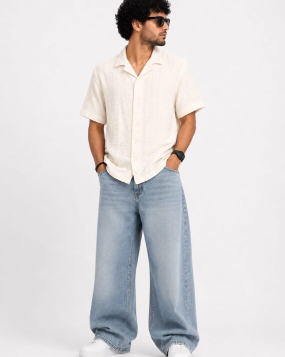 Men’s Off-White Textured Cuban Collar Half Sleeve Casual Shirt