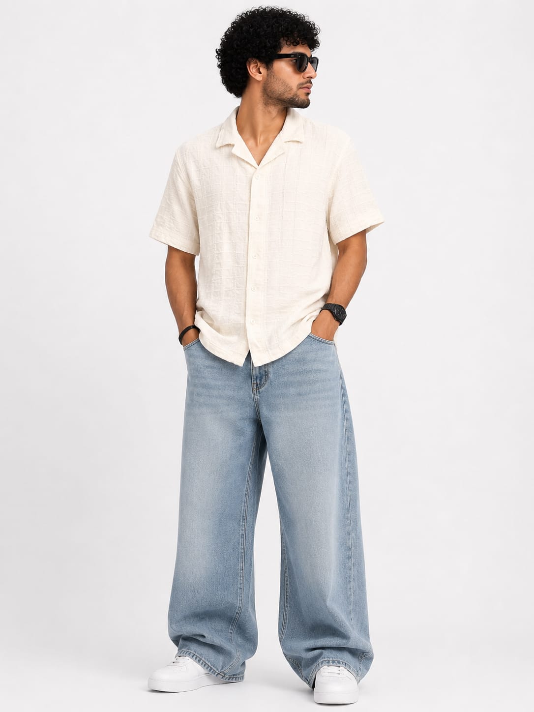 Men’s Off-White Textured Cuban Collar Half Sleeve Casual Shirt