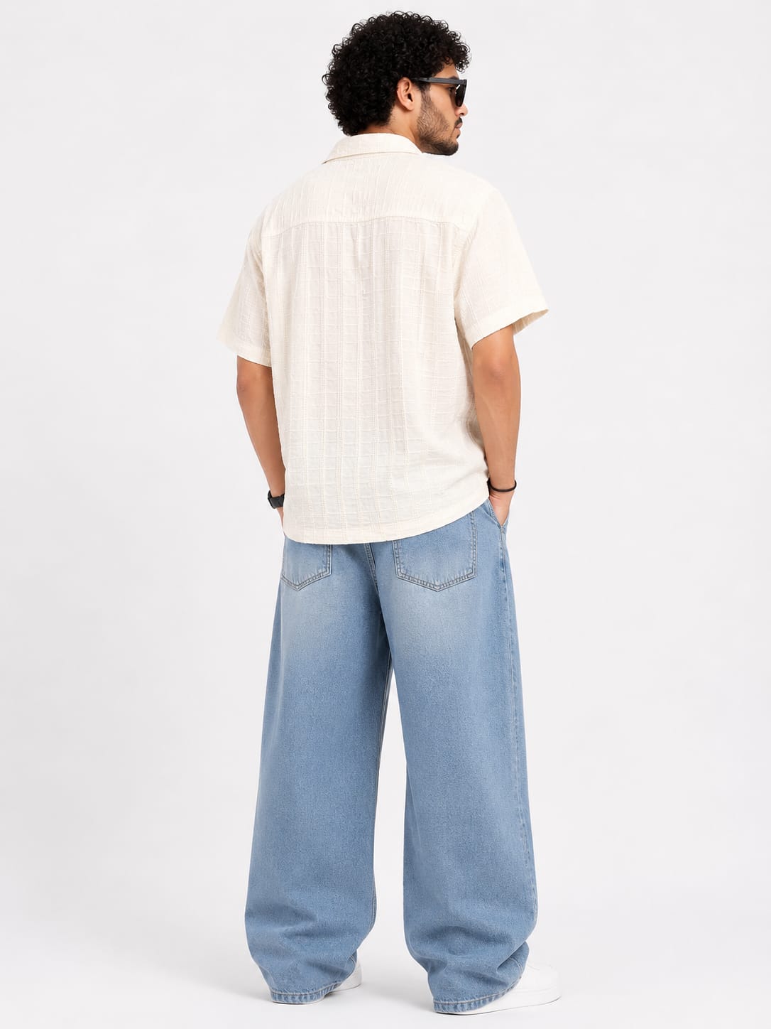 Men’s Off-White Textured Cuban Collar Half Sleeve Casual Shirt - Image 2