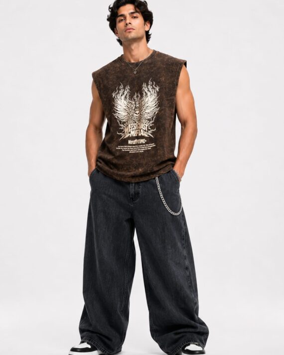 Men's Vintage Acid Wash Oversized Sleeveless Eagle Graphic T-Shirt – Brown