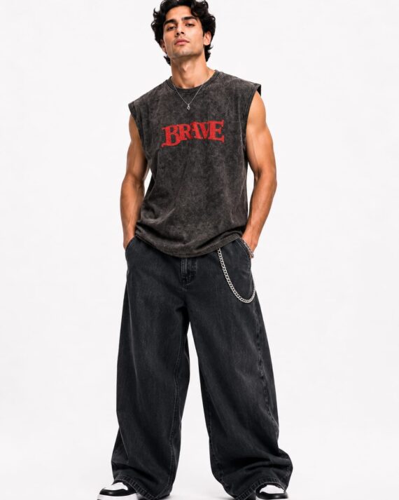 Men's Vintage Acid Wash Oversized Sleeveless "BRAVE" Graphic T-Shirt – Charcoal Black
