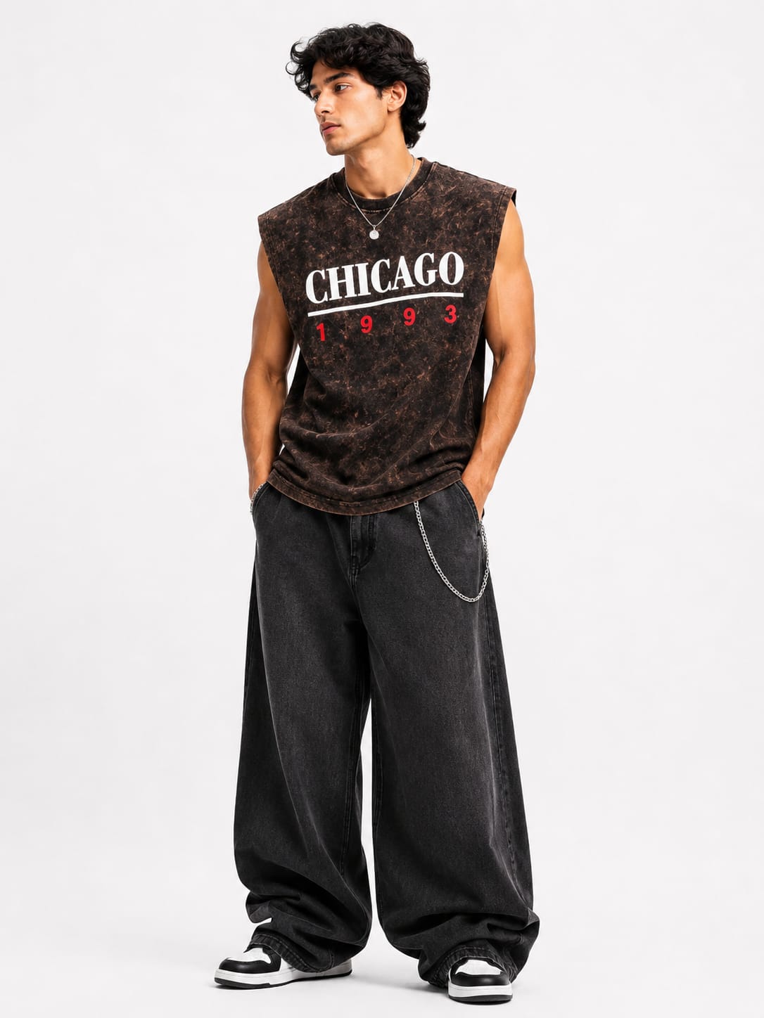 Men's Vintage Acid Wash Oversized Sleeveless Chicago 1993 Graphic T-Shirt – Brown