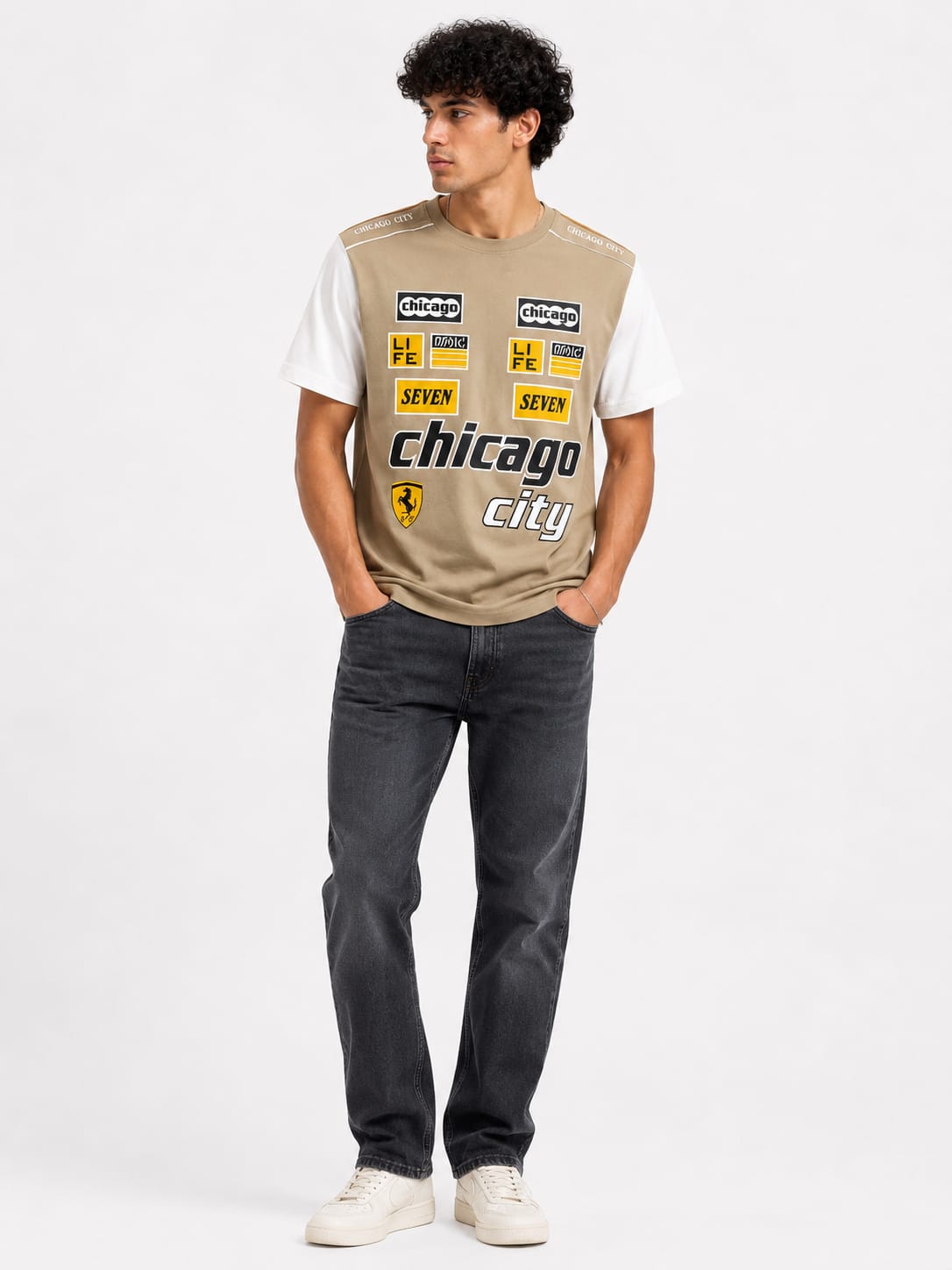 Chicago City Racing Graphic Premium Cotton T-Shirt – Beige & White