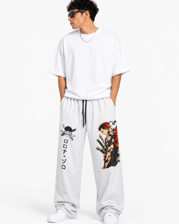 Anime Warrior Graphic Baggy Joggers – Light Grey