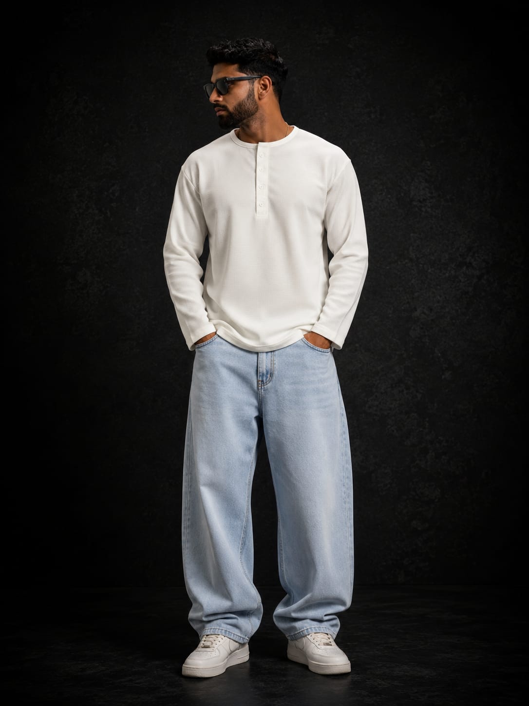 Premium Waffle Knit Full Sleeve Henley T-Shirt – Off White