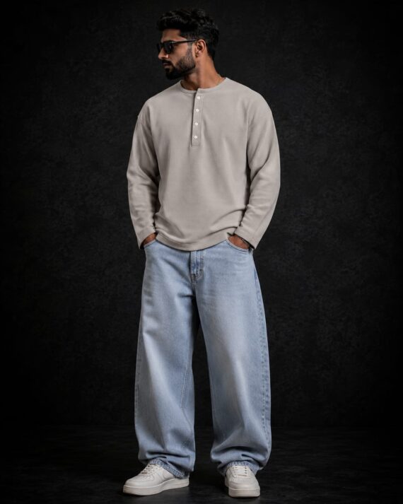 Premium Waffle Knit Full Sleeve Henley T-Shirt – Stone Grey