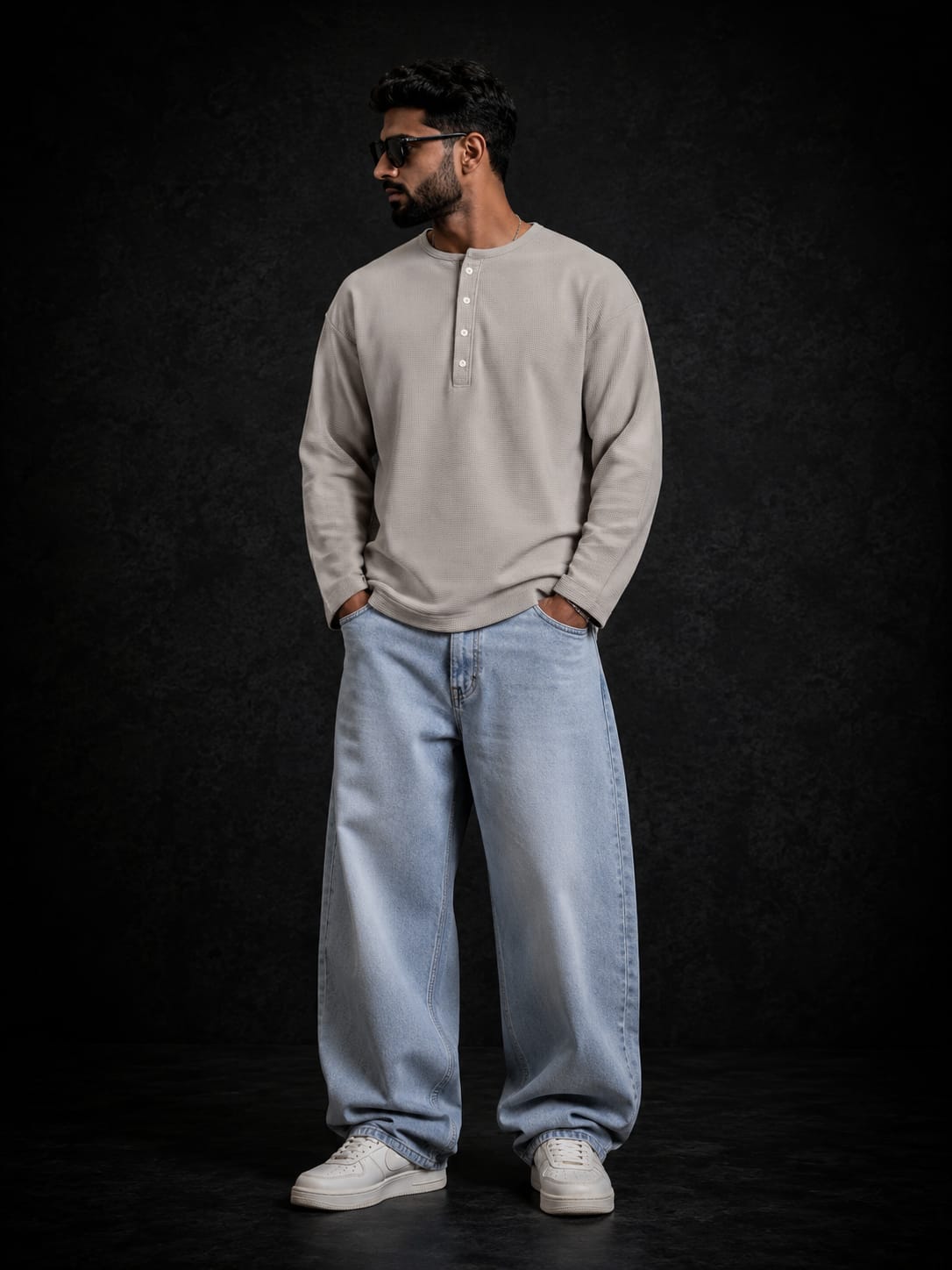 Premium Waffle Knit Full Sleeve Henley T-Shirt – Stone Grey
