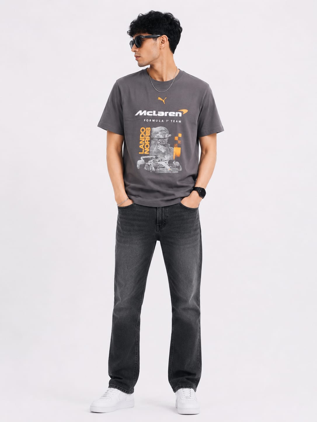 Men's Charcoal Grey Racing Graphic Premium Round Neck T-Shirt