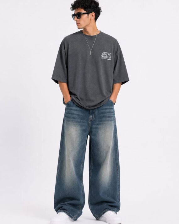 Men's Vintage Blue Washed Wide Leg Baggy Jeans