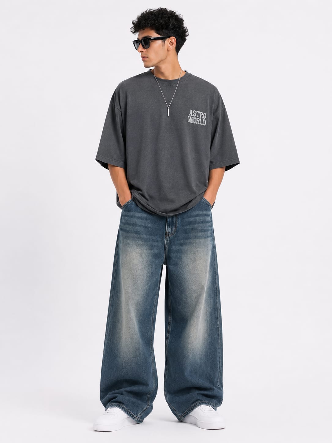 Men's Vintage Blue Washed Wide Leg Baggy Jeans
