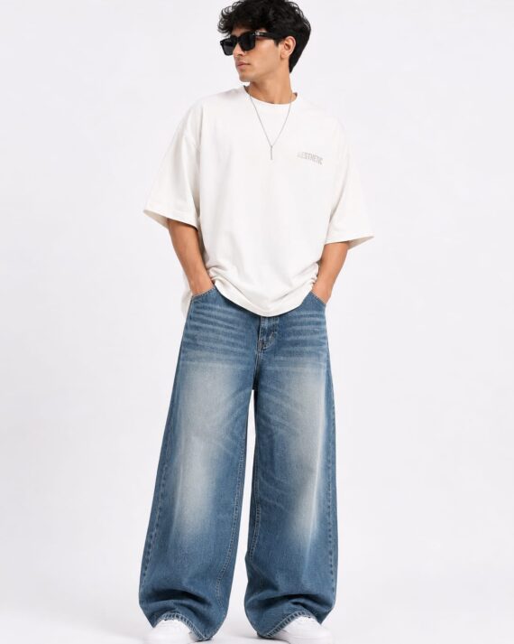 Men's Classic Blue Washed Wide Leg Baggy Jeans