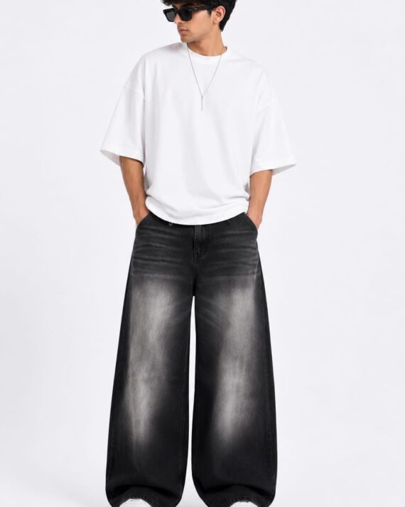 Men's Washed Black Wide Leg Baggy Jeans