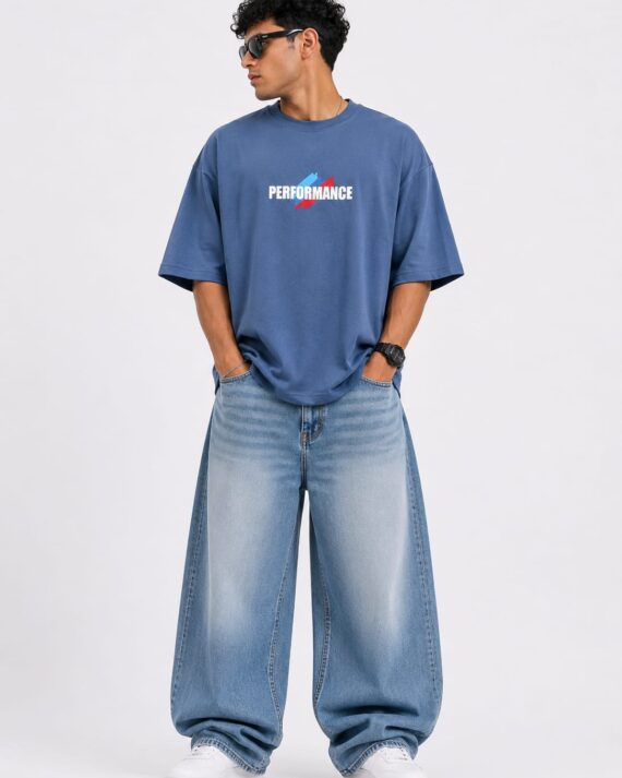 Men's Steel Blue Oversized Performance Graphic T-Shirt