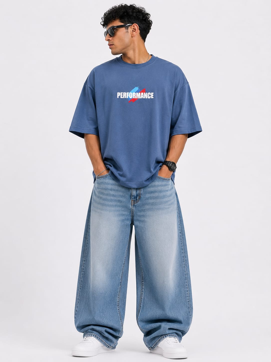 Men's Steel Blue Oversized Performance Graphic T-Shirt