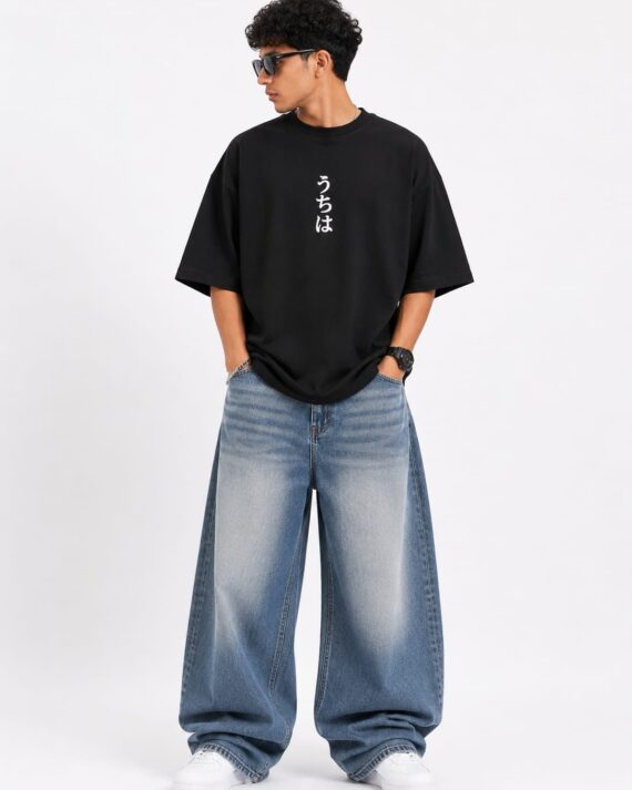 Men's Black Oversized Japanese Typography T-Shirt