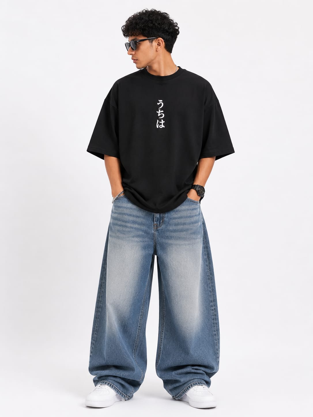 Men's Black Oversized Japanese Typography T-Shirt