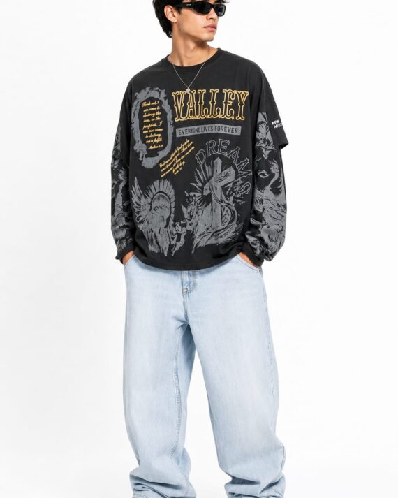 Men's Black Valley Dreams Oversized Full Sleeve Graphic T-Shirt