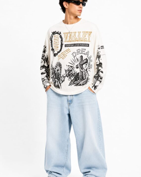 Men's White Valley Dreams Oversized Full Sleeve Graphic T-Shirt