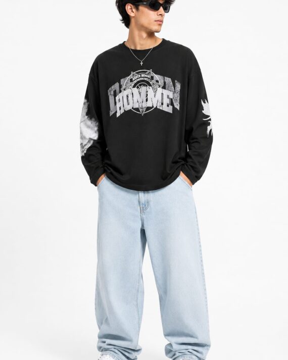 Men's Black HOMME Graphic Oversized Full Sleeve T-Shirt