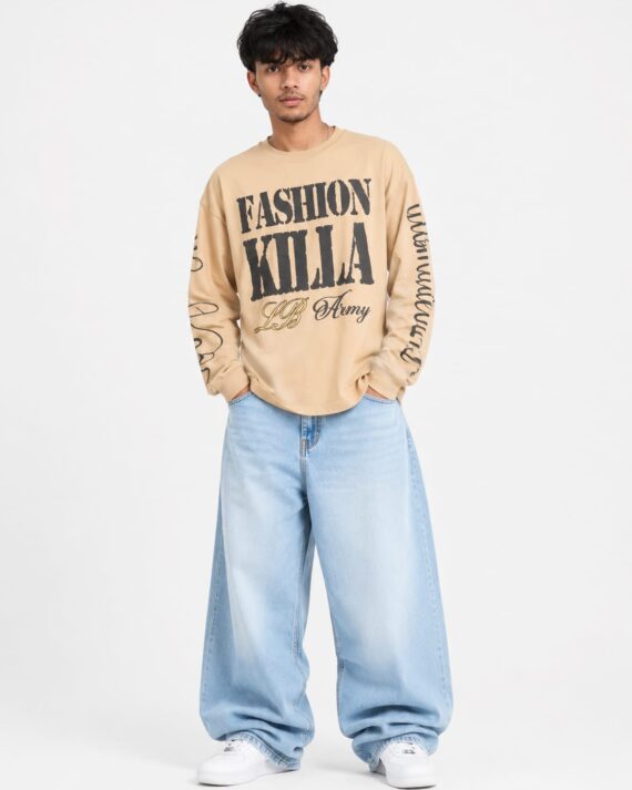 Men's Beige Full Sleeve Graphic T-Shirt