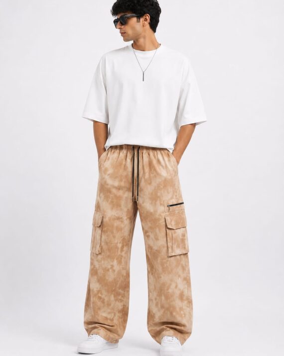 Men's Beige Tie-Dye Cargo Track Pants