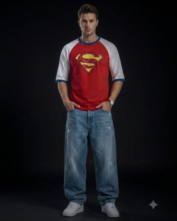 Men's Red Superman Logo Raglan 3/4 Sleeve Graphic T-Shirt