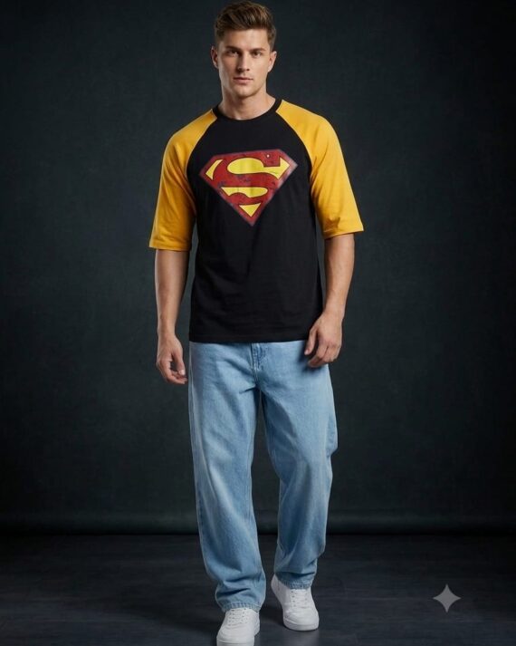 Men's Black Superman Logo Raglan 3/4 Sleeve Graphic T-Shirt