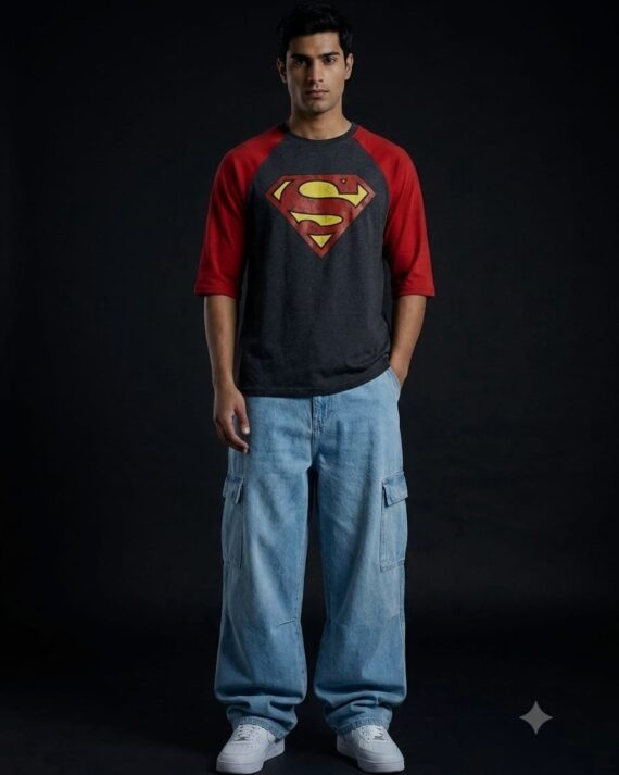 Men's Charcoal Superman Logo Raglan 3/4 Sleeve Graphic T-Shirt
