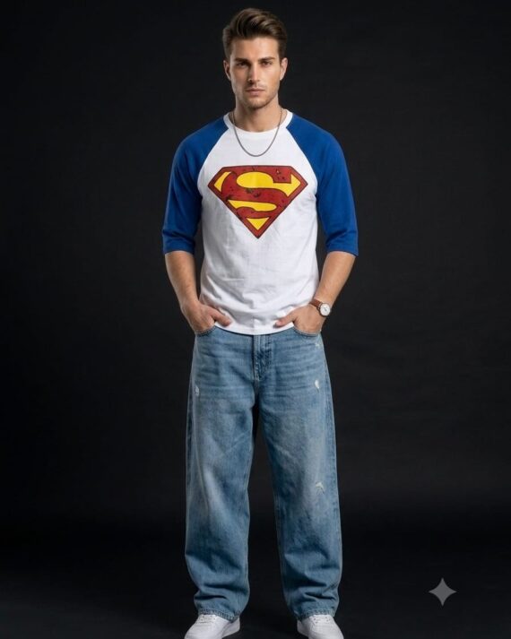 Men's White Superman Logo Raglan 3/4 Sleeve Graphic T-Shirt