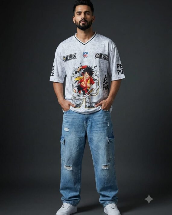 Men's One Piece Luffy Oversized Anime Jersey T-Shirt – White