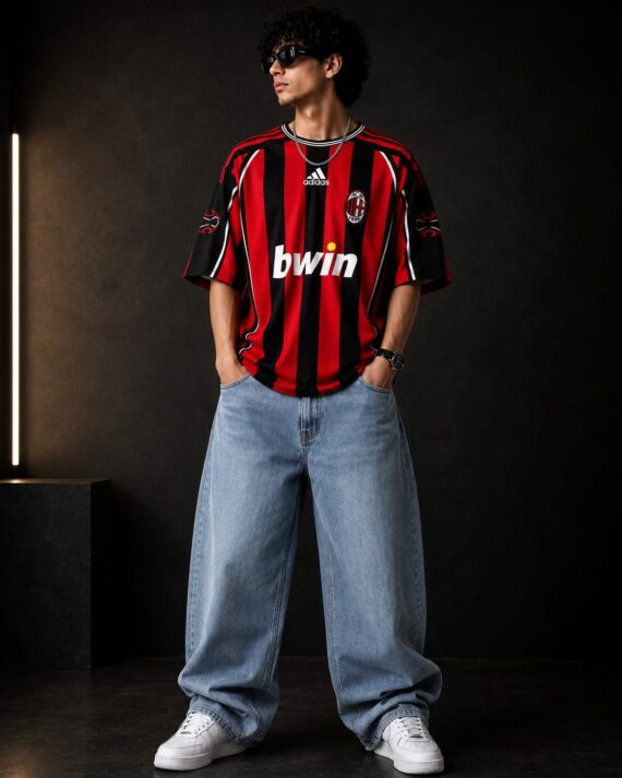 Men's Red & Black Striped Oversized Football Jersey T-Shirt