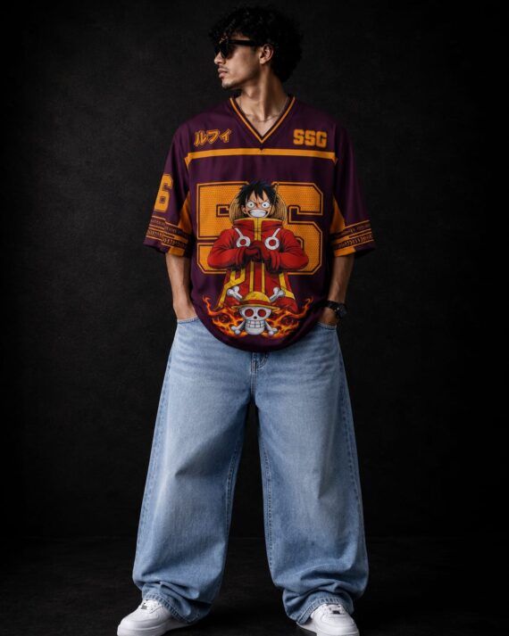 Men's Maroon Anime Oversized Graphic Jersey T-Shirt