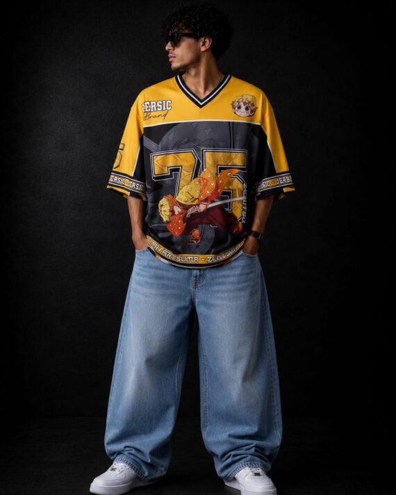 Men's Yellow Anime Oversized Graphic Jersey T-Shirt