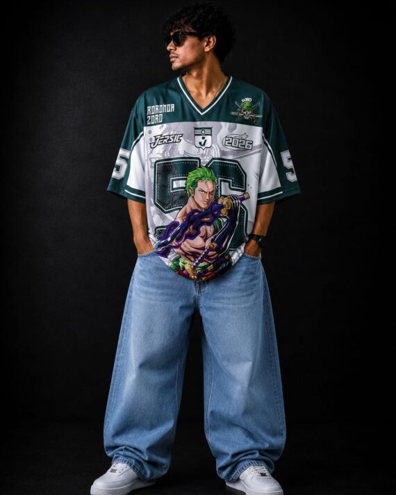 Men's Green Anime Oversized Graphic Jersey T-Shirt