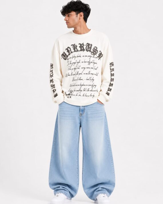 Men's Off White Gothic Graphic Oversized Full Sleeve T-Shirt