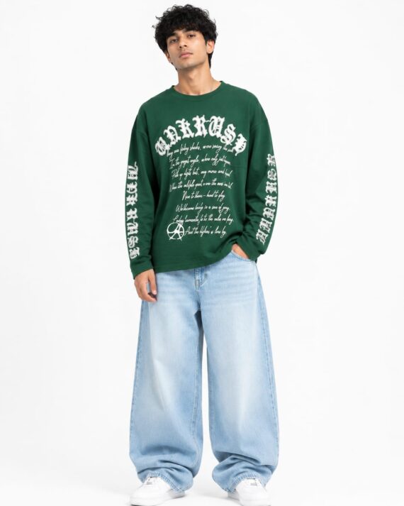 Men's Forest Green Graphic Oversized Full Sleeve T-Shirt