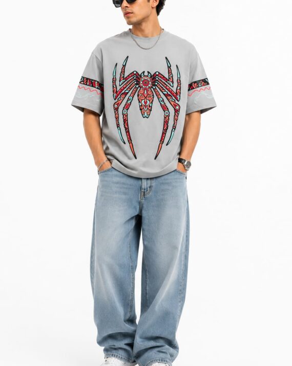 Men's Grey Spider Graphic Oversized T-Shirt