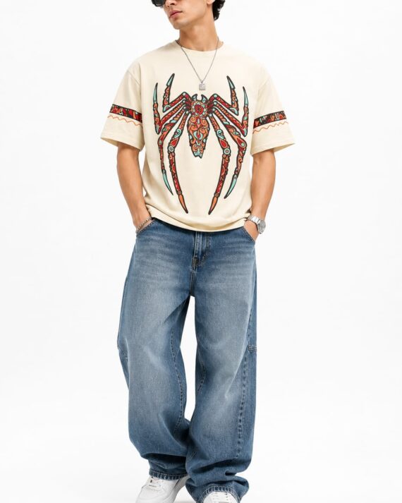 Men's Beige Spider Graphic Oversized T-Shirt